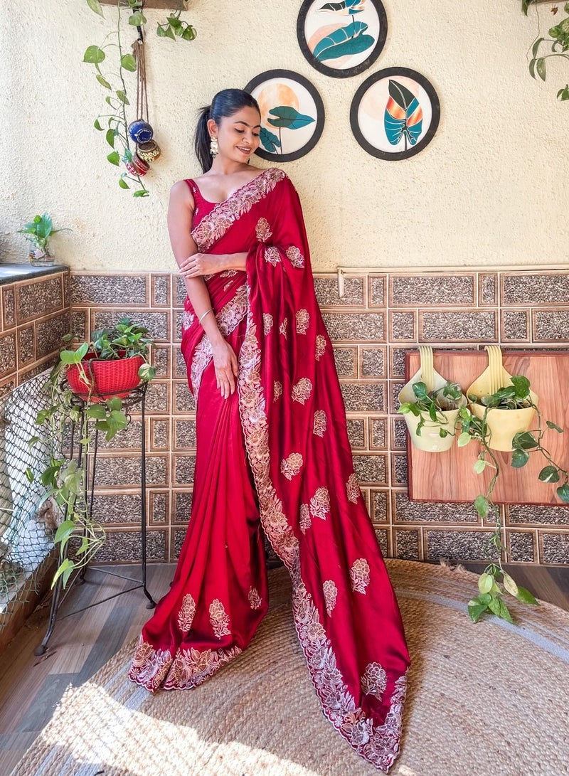 Grab Mantra Satin Silk Red Sari Having Golden Stone And Zari Work Border All Over Plus Unstitched Blouse  - Image 5
