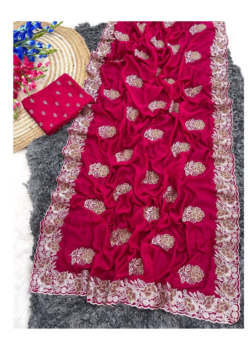 Grab Mantra Satin Silk Red Sari Having Golden Stone And Zari Work Border All Over Plus Unstitched Blouse  - Image 4