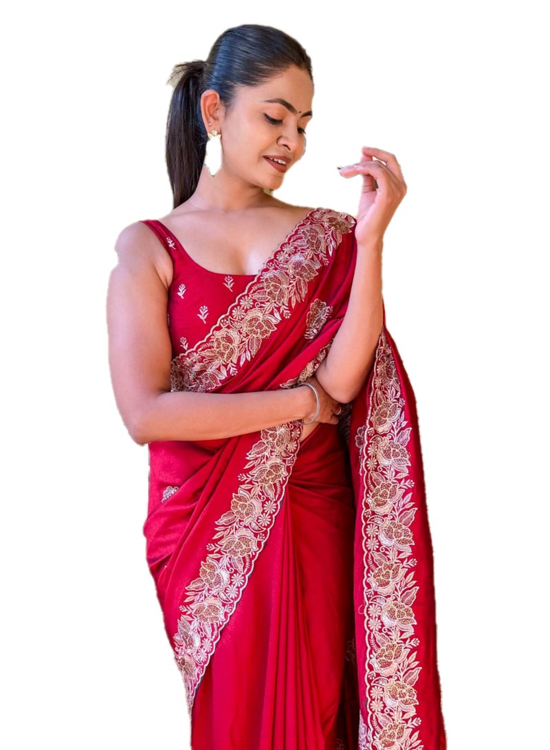 Grab Mantra Satin Silk Red Sari Having Golden Stone And Zari Work Border All Over Plus Unstitched Blouse  - Image 1
