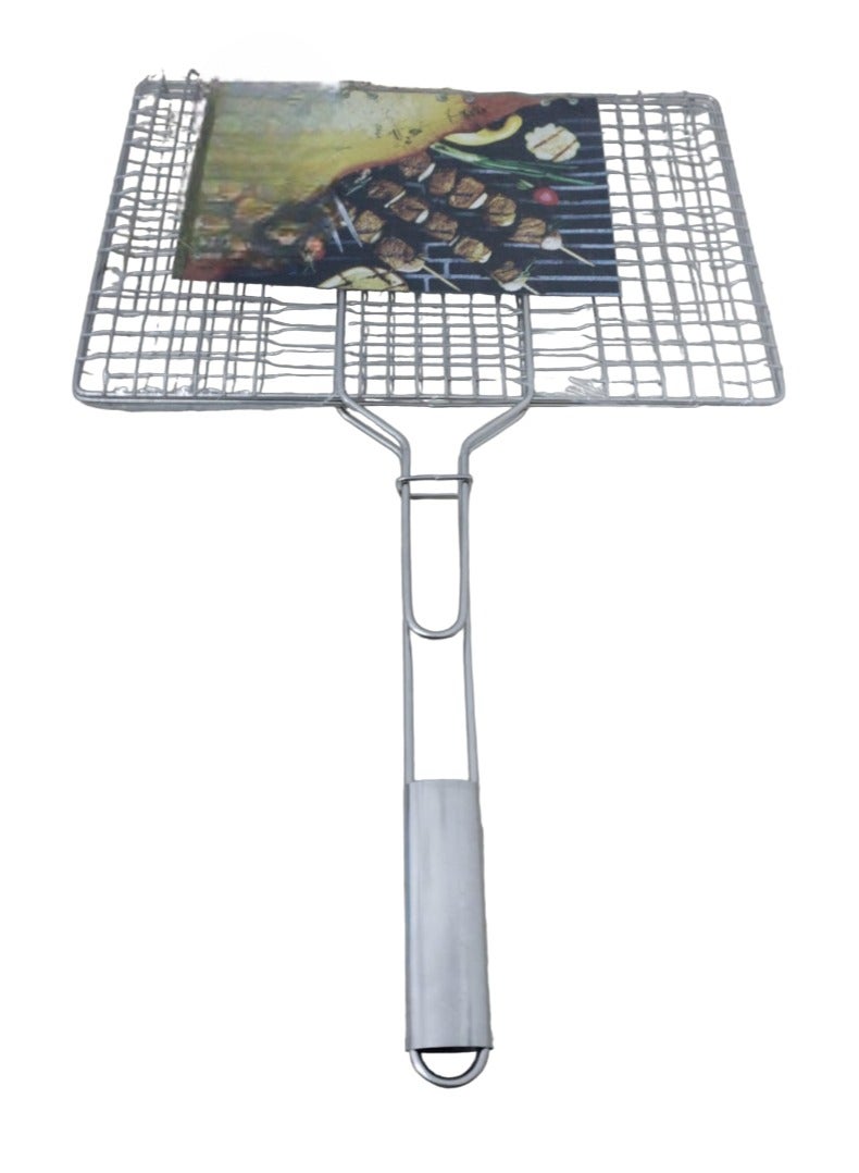 ماس مقبض فولاذي، سلة شواء محمولة قابلة للطي للأسماك والخضروات والروبيان، منطقة شواء أكبر 35*23*3 سم - Image 1