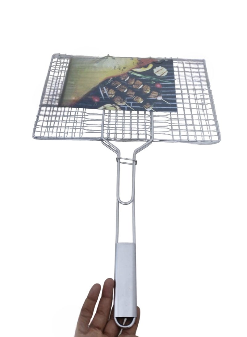 ماس مقبض فولاذي، سلة شواء محمولة قابلة للطي للأسماك والخضروات والروبيان، منطقة شواء أكبر 35*23*3 سم - Image 2