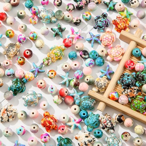 ANCADN 210pcs Turquoise Beads Sea Turtle Beads Floral Colorful Turtle Charms Synthetic Turquoise Beads Starfish Beads for Jewelry Craft Making (Colorful) - Image 1