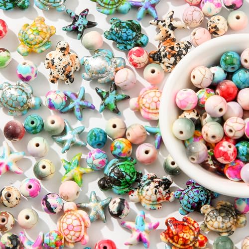 ANCADN 210pcs Turquoise Beads Sea Turtle Beads Floral Colorful Turtle Charms Synthetic Turquoise Beads Starfish Beads for Jewelry Craft Making (Colorful) - Image 3