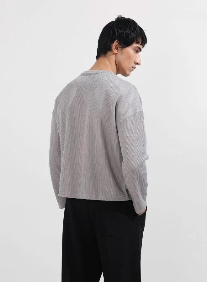 The Indian Garage Co Men Boxy Fit Textured Crew Neck Full Sleeves T-Shirt