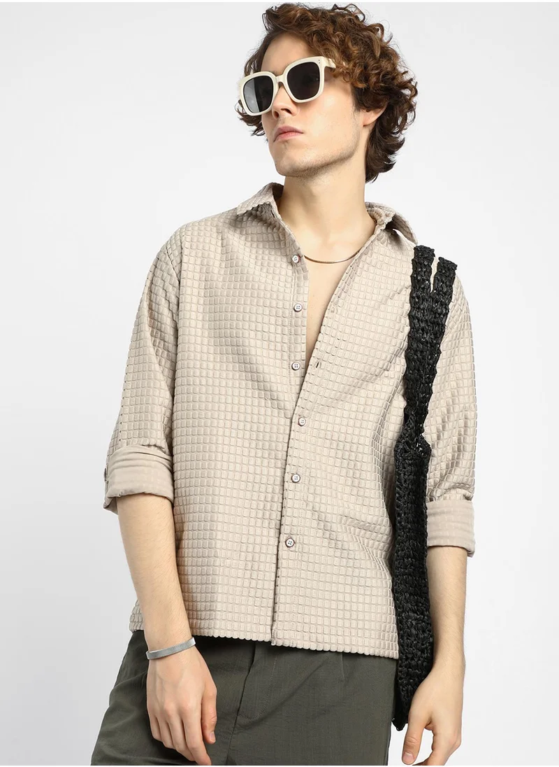 كامبوس سوترا Men's Buff Beige Quad-Tactile Oversized Shirt