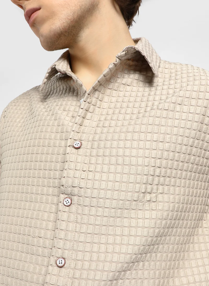 Campus Sutra Men's Buff Beige Quad-Tactile Oversized Shirt