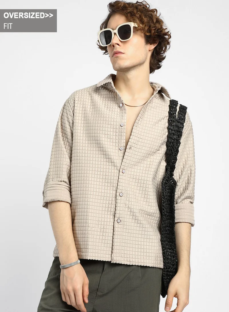 Campus Sutra Men's Buff Beige Quad-Tactile Oversized Shirt