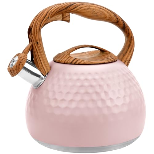 GGC Tea Kettle for Stove Top, Loud Whistling Kettle for Boiling Water Coffee or Milk, 3.1 Quart 3L Heavy Stainless Steel Pink Kettles with Wood Pattern Handle, Unique Button Control Kettle Outle - Image 1