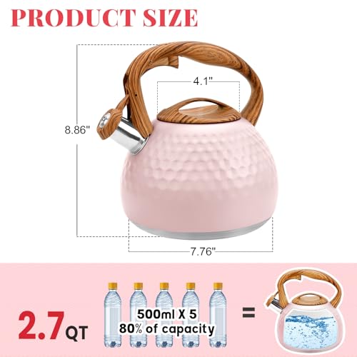 GGC Tea Kettle for Stove Top, Loud Whistling Kettle for Boiling Water Coffee or Milk, 3.1 Quart 3L Heavy Stainless Steel Pink Kettles with Wood Pattern Handle, Unique Button Control Kettle Outle - Image 3