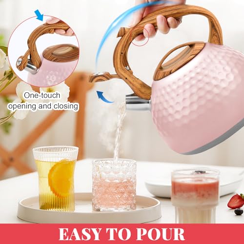 GGC Tea Kettle for Stove Top, Loud Whistling Kettle for Boiling Water Coffee or Milk, 3.1 Quart 3L Heavy Stainless Steel Pink Kettles with Wood Pattern Handle, Unique Button Control Kettle Outle - Image 5
