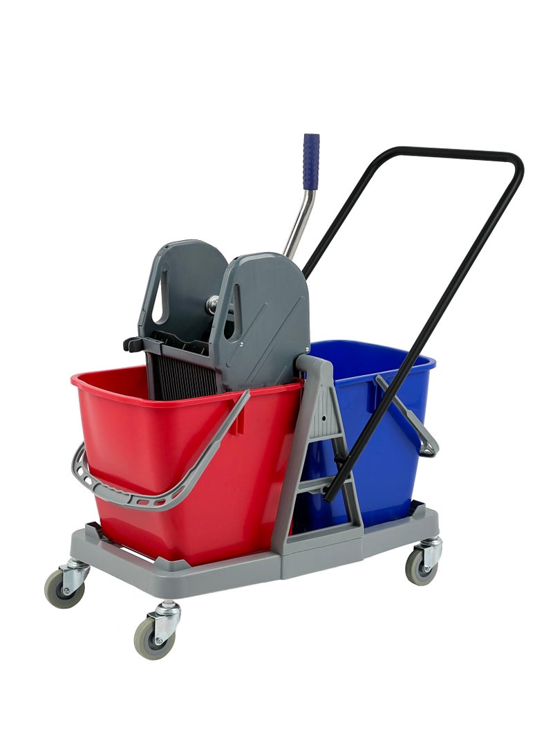 Double-Bucket Mop Trolley | Down-Press Wringer | 360-Degree Rotating Swivel Wheels | Rigid Build | Suitable For Restaurants, Offices, Commercial Use, Hotels, & Villas | 25 x 25 Liters - Image 1