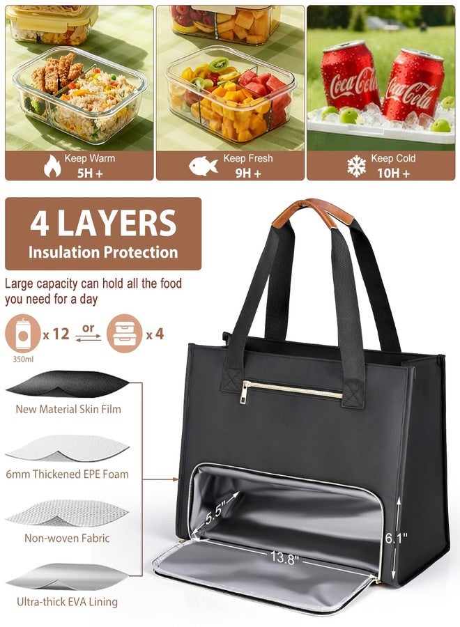 Bnlcd Lunch Tote Bag for Women - 15.6 Inch Laptop Work Bag with Insulated Lunch Compartment - Large Capacity Quilted Computer Handbag - Leakproof Lunch Box for Women Adults, Black - Image 3