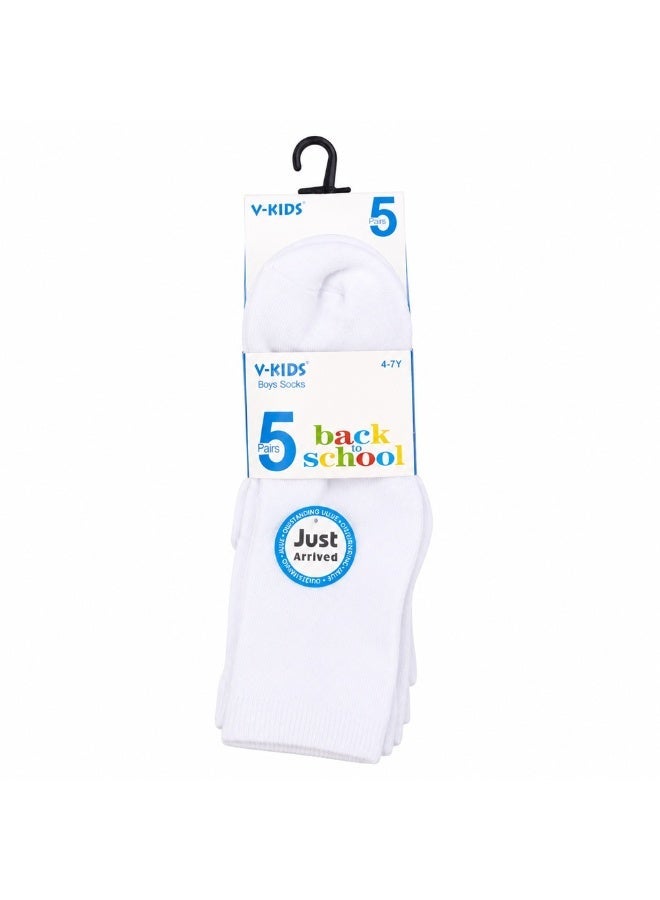 Boys Cotton School Uniform Socks, 5-Pair Pack, White - Image 1