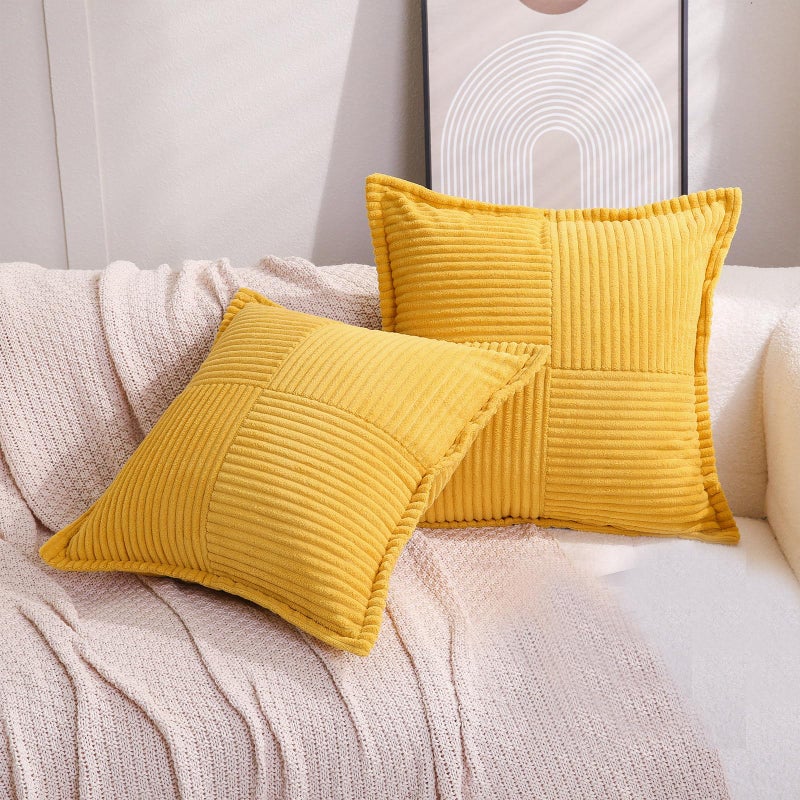 Puncuntex Corduroy Yellow Throw Pillow Covers 18Ã—18 Inches Set of 2 Boho Decorative,Super Soft Cozy Striped Cushion Covers for Couch,Sofa,Farmhouse,Living Room,45Ã—45CM - Image 2