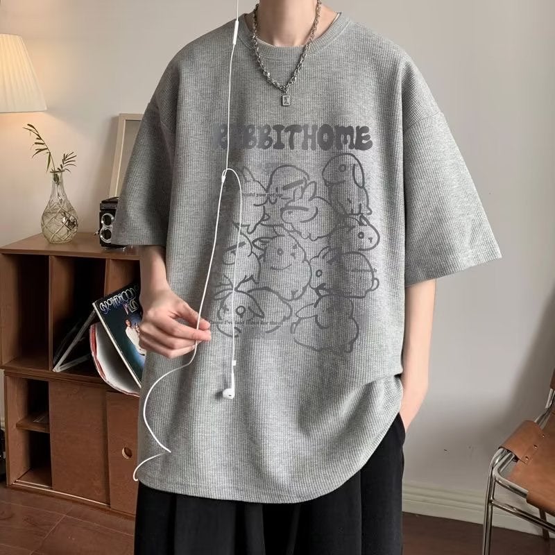 Summer Cartoon Cartoon Loose Boys Round Neck Printed Fashion Brand Waffle Half Sleeve Youth Popular T-Shirt - Image 4