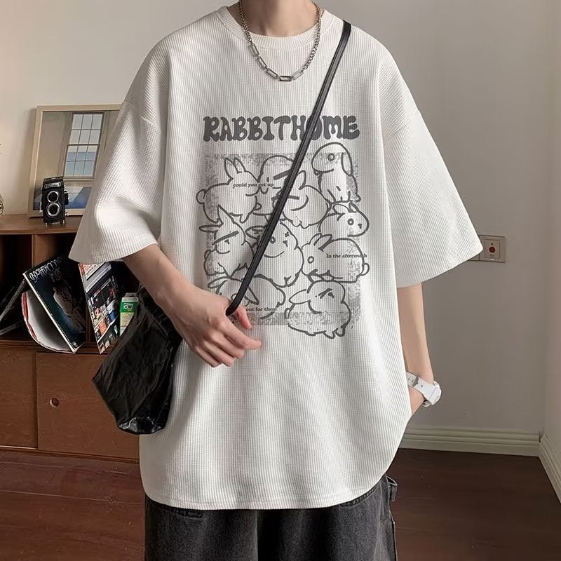 Summer Cartoon Cartoon Loose Boys Round Neck Printed Fashion Brand Waffle Half Sleeve Youth Popular T-Shirt - Image 3