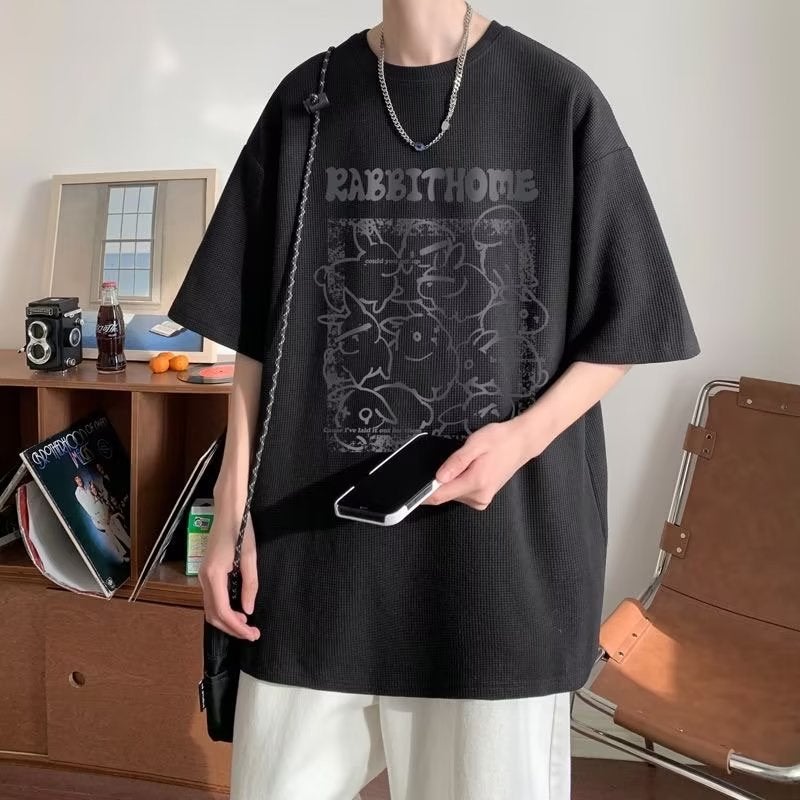 Summer Cartoon Cartoon Loose Boys Round Neck Printed Fashion Brand Waffle Half Sleeve Youth Popular T-Shirt - Image 2