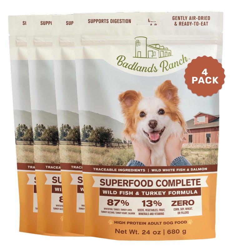 BADLANDS RANCH by Katherine Heigl- Superfood Complete, Air-Dried Adult Dog Food - High Protein, Zero Fillers, Superfood Nutrition (24 Ounce (Pack of 4), Fish & Turkey) - Image 1