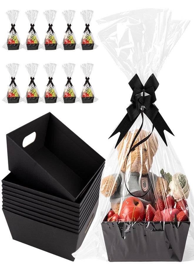 Orchidleaf 10 Set Baskets for Gifts Empty, 10 x 8” Thick Kraft Gift Basket with Cellophane Wrap and Pull Bows, Empty Gift Basket Set for Graduation Christmas Thanksgiving Valentine Easter Wedding (Black - Image 1