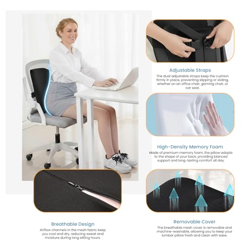 GREENSHEEP Car Seat Back Support Cushion with Adjustable Belt Memory Foam Lumber Support Universal Fit Backrest Pillow for Pain Relief Comfortable Driving and Office Chair (Pack of 1, Black) - Image 4