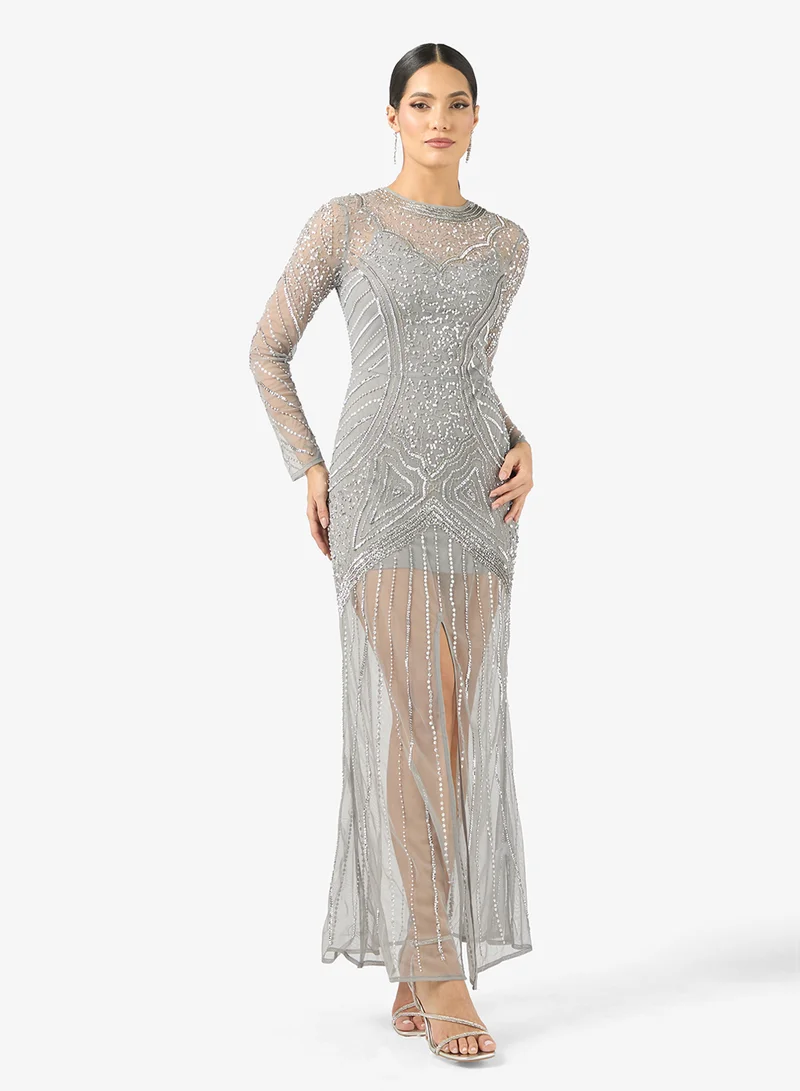 Embellished Front Slit Sequin Maxi Dress