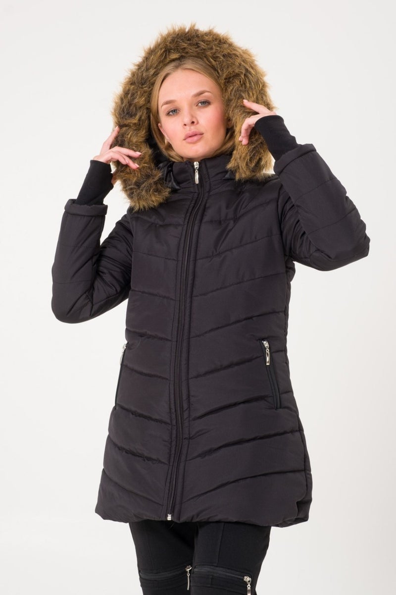 Barbora Winter Women's Puffer Coat with Gloves and Fur Hood V2BT121SIYAHH1  - Image 1