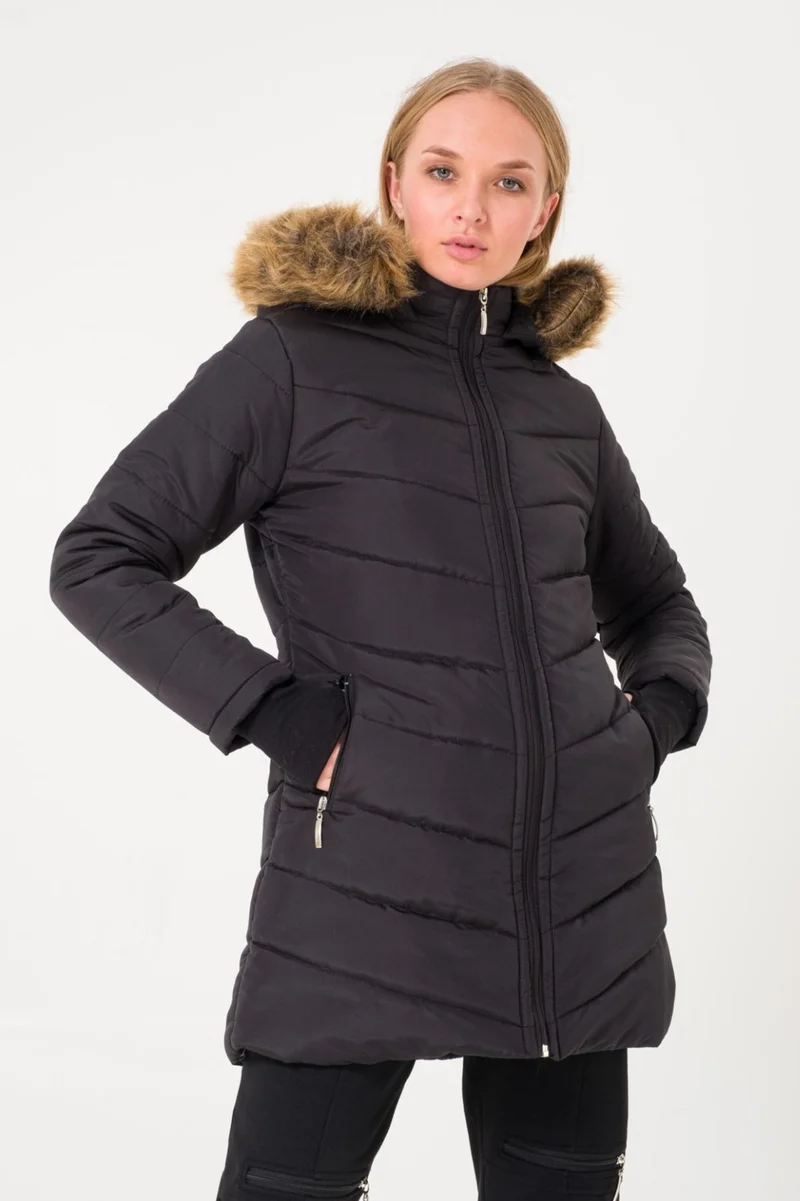 Barbora Winter Women's Puffer Coat with Gloves and Fur Hood V2BT121SIYAHH1