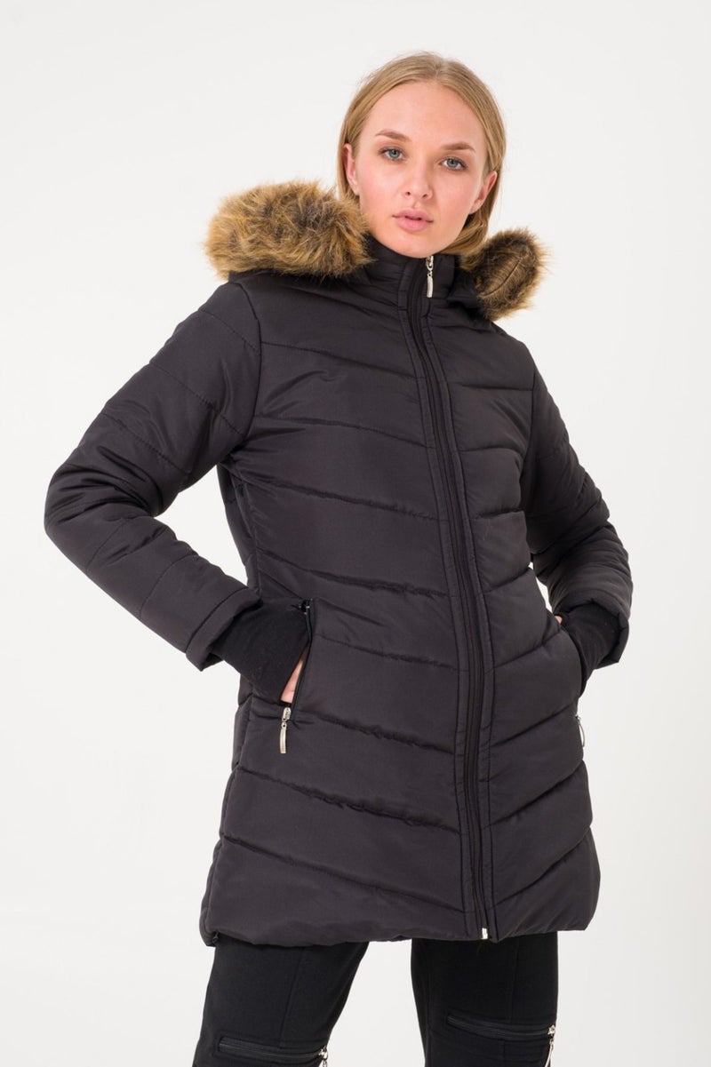 Barbora Winter Women's Puffer Coat with Gloves and Fur Hood V2BT121SIYAHH1  - Image 4