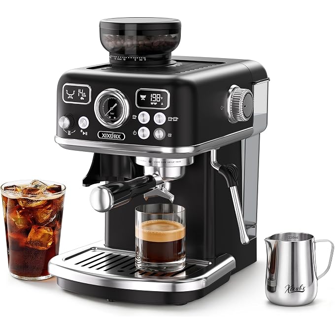 XIXUBX Espresso Machine with Grinder, PID & Programmable Settings, Black | 20-bar pump, cold coffee mode, 51mm portafilter, adjustable steam, 60 oz tank and milk pitcher for hot and iced drinks - Image 1