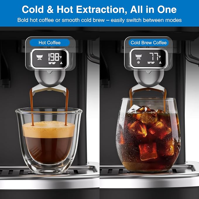 XIXUBX Espresso Machine with Grinder, PID & Programmable Settings, Black | 20-bar pump, cold coffee mode, 51mm portafilter, adjustable steam, 60 oz tank and milk pitcher for hot and iced drinks - Image 3