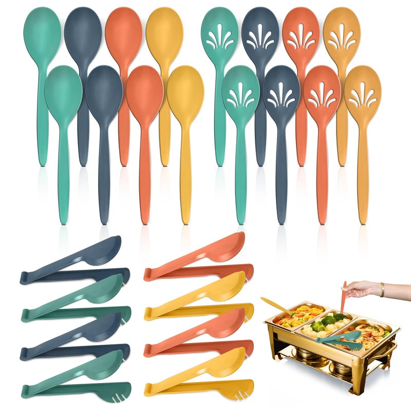 RayPard Reusable Plastic Serving Utensils Set of 24 10 Wheat Straw Large Serving Set  Slotted SpoonsTongs for Party Buffet Catering OrangeBlueYellowGreen Not for Cooking