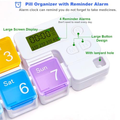 TBSoon 7 Day Medicine Pill Organizer, 4 Reminder Alarms, Loud Sound, 7 Large Compartments, Large Screen, Moisture-Proof, Dust-Proof, Travel Weekly/Daily Pill Box/Organizer/Case/Container/Dispenser, TBSoon - Image 2