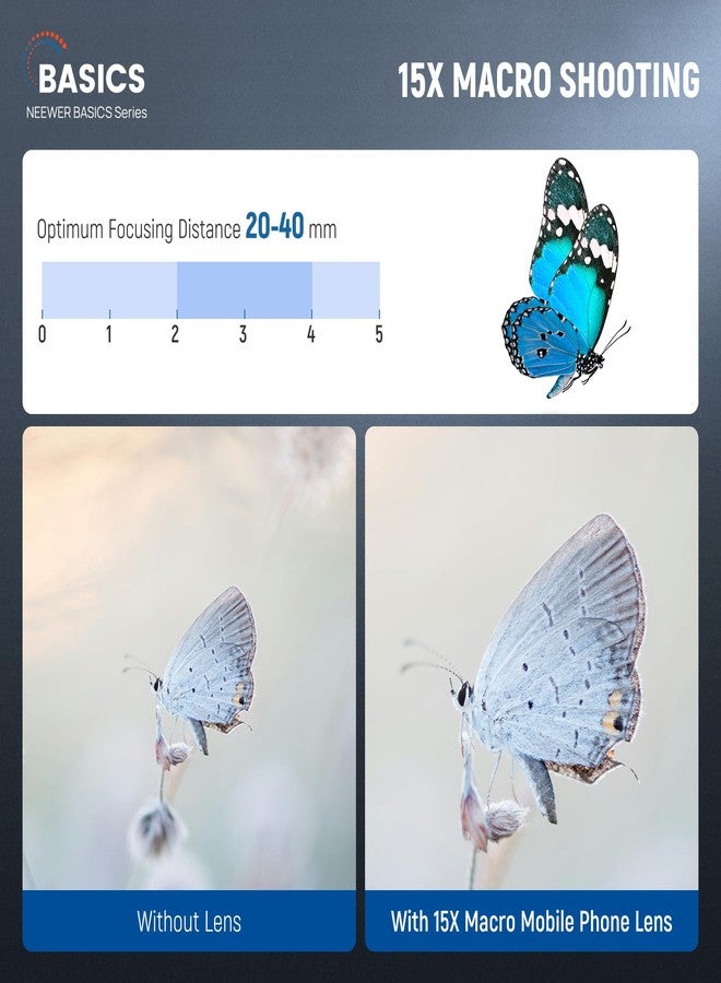 NEEWER Basics 2 in 1 Phone Camera Lens Accessories Kit, HD 0.45x Wide Angle + 15x Macro, 37mm Lens Clamp Compatible with iPhone Samsung Android Smartphone, LS-67 - Image 2