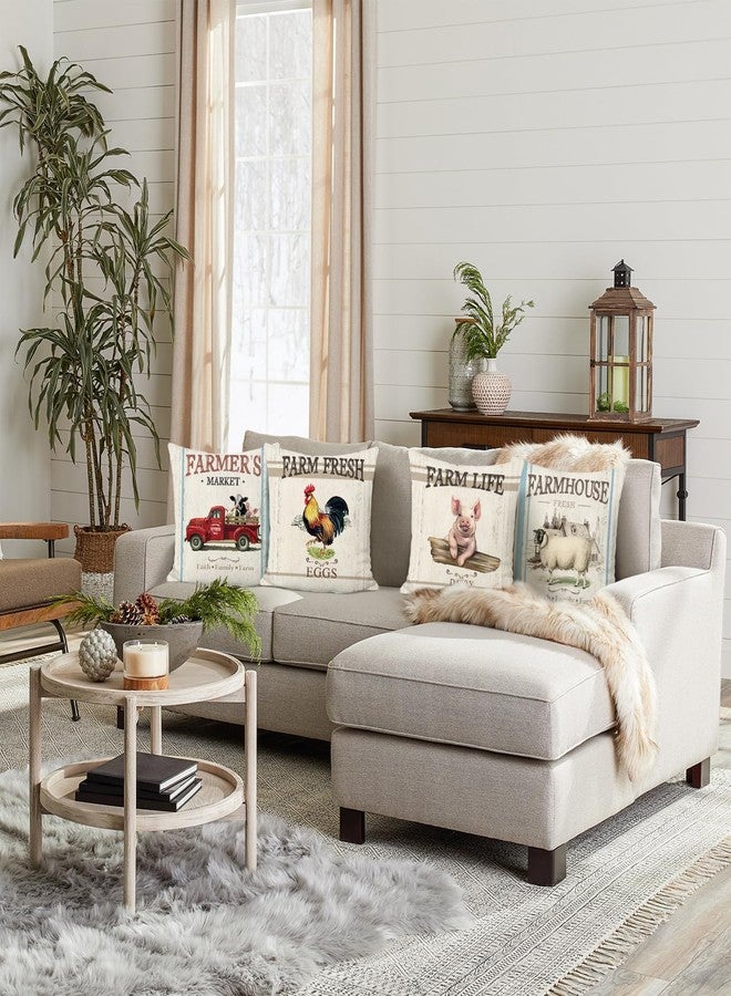 Bonhause Vintage Farmhouse Animals Throw Pillow Covers 18 x 18 Inch Rooster Pig Sheep Retro Truck Pillows for Couch Sofa Home Decor Set of 4 - Image 2