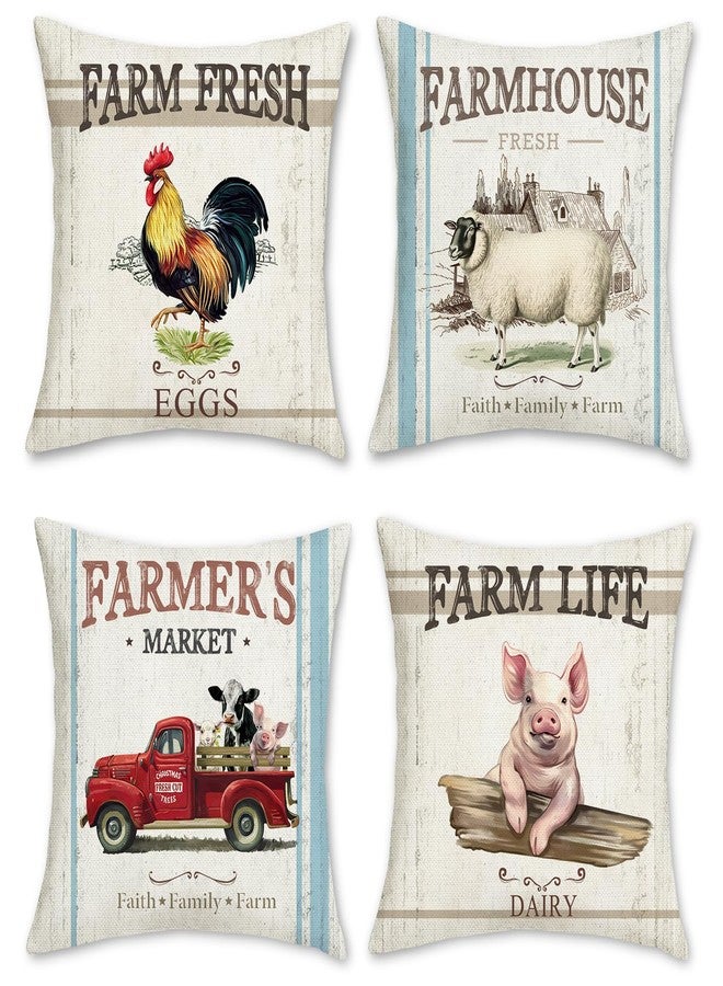 Bonhause Vintage Farmhouse Animals Throw Pillow Covers 18 x 18 Inch Rooster Pig Sheep Retro Truck Pillows for Couch Sofa Home Decor Set of 4 - Image 1