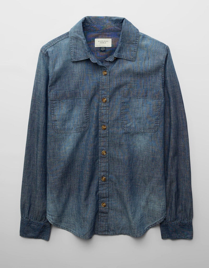 American Eagle AE Bestie Long-Sleeve Button-Up Shirt - Image 3
