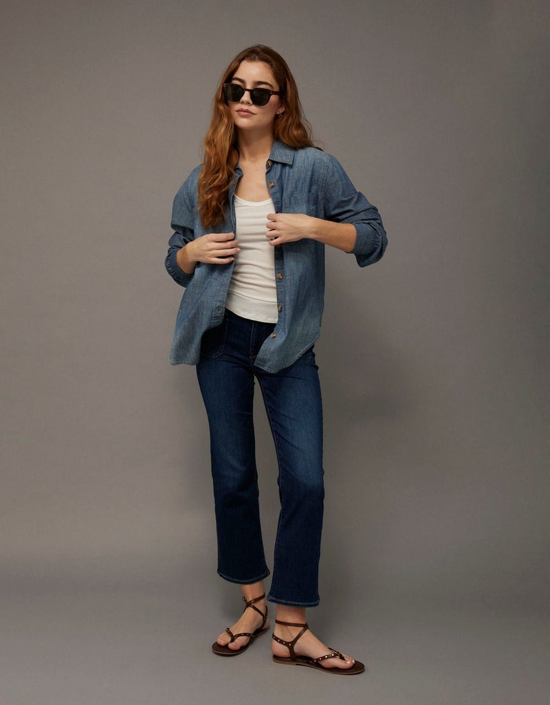 American Eagle AE Bestie Long-Sleeve Button-Up Shirt - Image 1