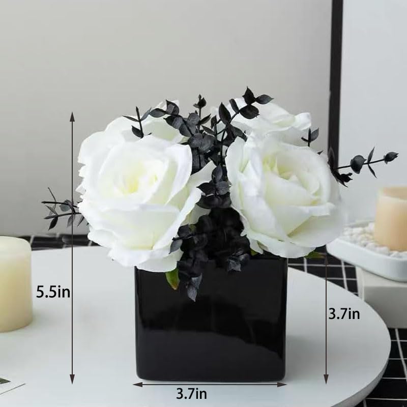 LADADA Artificial Flowers with Small Ceramic Vases, Roses in Vases Plastic Artificial Flowers and Plants,Used for Home Office Wedding Decoration, Table Decoration(White) - Image 2