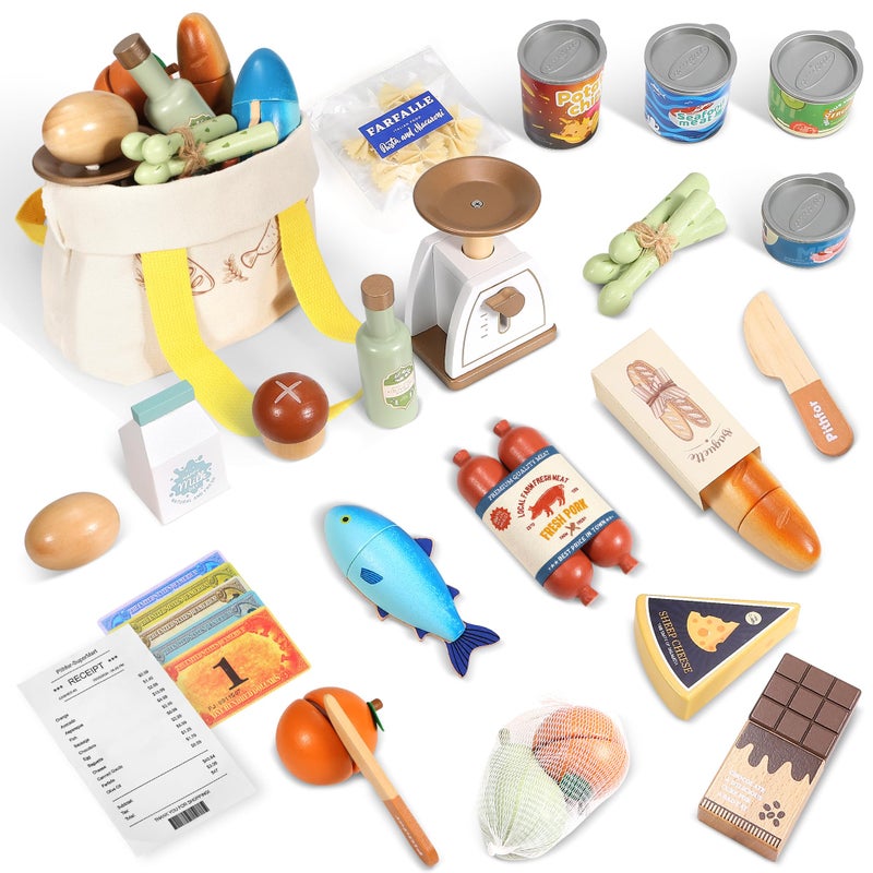 Pithfor Wooden Play Food Set for Kids Toddlers Grocery Store Pretend Play Food Pretend Grocery Shopping Play Kitchen Accessories for Boys Girls - Image 2