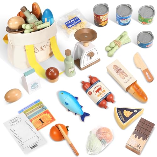 Pithfor Wooden Play Food Set for Kids Toddlers Grocery Store Pretend Play Food Pretend Grocery Shopping Play Kitchen Accessories for Boys Girls - Image 1