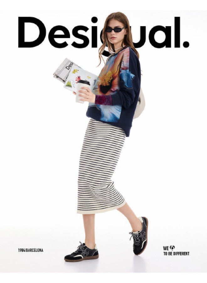 DESIGUAL 25 Autumn/Winter New Arrival Black And White Striped Ribbed Stretch Straight Skirt - Image 1
