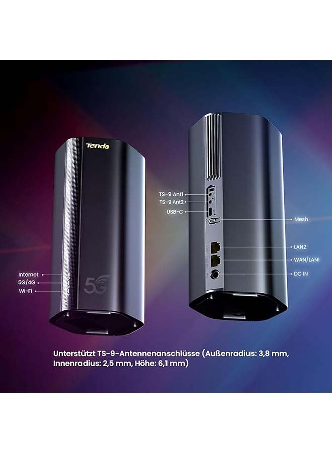 Tenda 5G03 5G NR LTE WLAN Router for Nano SIM Card (AX1800 CAT19 2.4GHz: 574Mbit/s+5GHz: 1201Mbit/s, 4.67Gbps in Download) 2-Gigabit Port, Plug & Play, Wi-Fi 6 Technology, MU-MIMO, WPA3 Black - Image 3