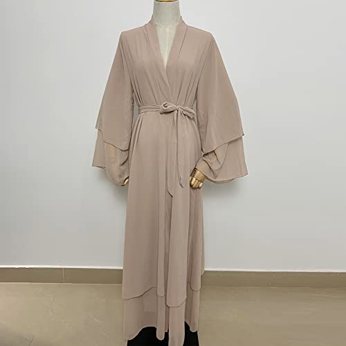 IKADEX Abayas for Women Muslim Dubai Dress Solid Loose Fit Long Cardigan Islamic Kaftan Robe Khaki S - Image 4