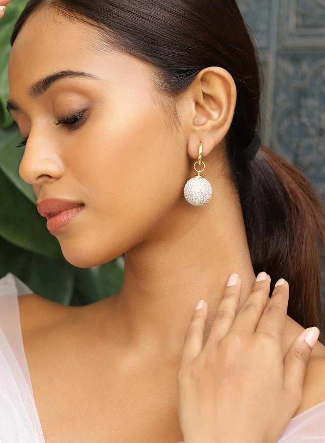 Rubans Voguish 18K Gold Plated Cubic Zirconia Hoop Earrings with Statement Ball Drops - Image 2