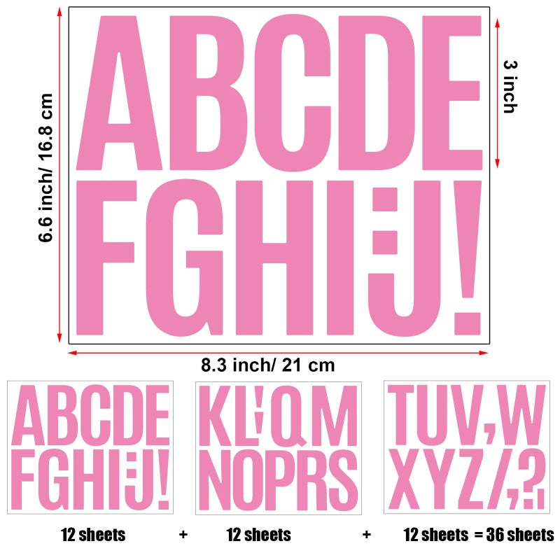 Bemeol 36 Sheets Letter Stickers 3 Inch Vinyl Letters Alphabet Stickers Self Adhesive Stick On Letters For School Office Home Bulletin Boards Mailbox Decor(Pink,3Inch) - Image 3