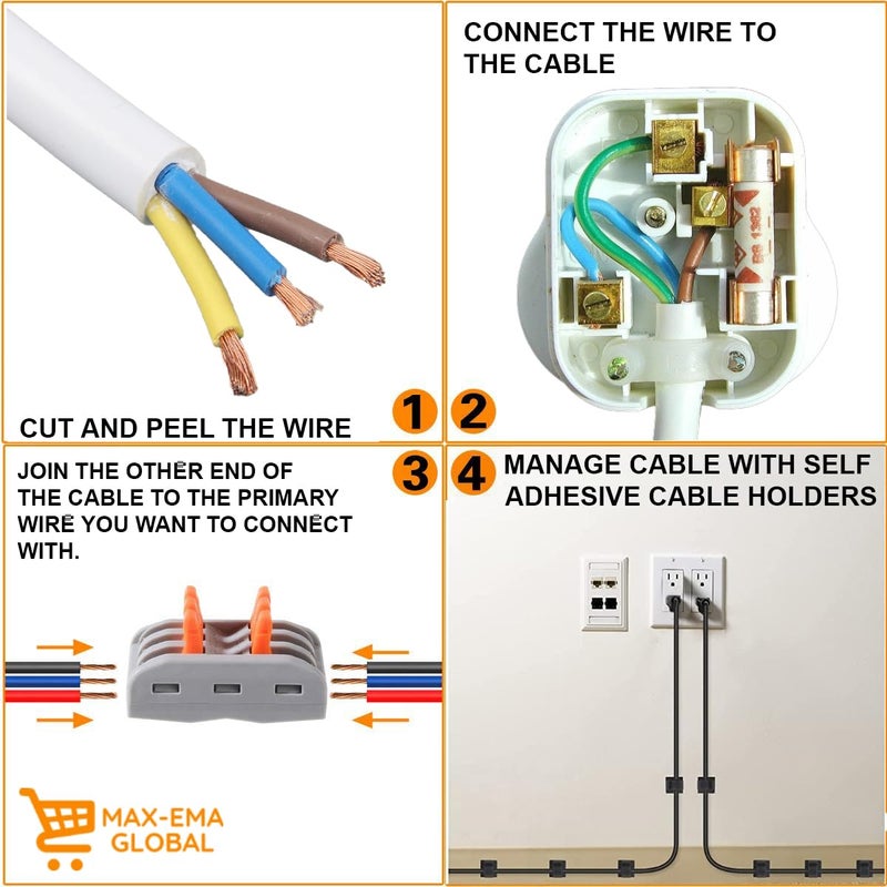MAX-EMA GLOBAL MAX-EMA Pvc Electrical Flexible Cable 1.5mm 3 Core 2 Meter White Electric Wire With 2 Wire Connectors 3-pin Plug 8 Self Adhesive Wire Holders Diy Kit For Extension Cord Power Cable Electric Wire Setup - Image 2