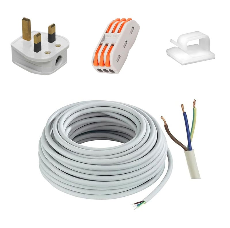 MAX-EMA GLOBAL MAX-EMA Pvc Electrical Flexible Cable 1.5mm 3 Core 2 Meter White Electric Wire With 2 Wire Connectors 3-pin Plug 8 Self Adhesive Wire Holders Diy Kit For Extension Cord Power Cable Electric Wire Setup - Image 1