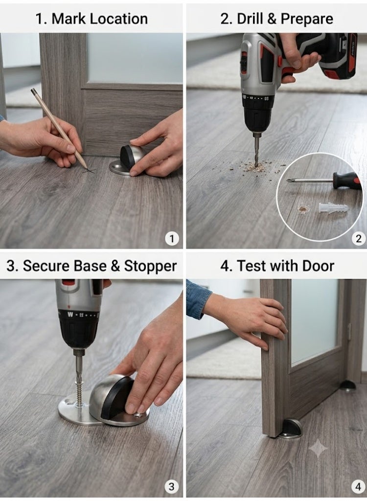 MAFRA Half Moon Oval Floor Door Stopper Solid Stainless Steel Door Stop and Rubber Bumper 1 Pcs (Silver) - Image 3