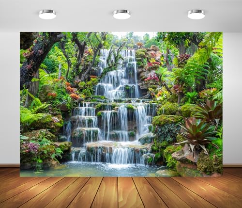 BELECO BELECO 7x5ft Fabric Garden Waterfall Backdrop Mountain Rocks Flowing Water Lake River Green Forest Trees Nature  - Image 2