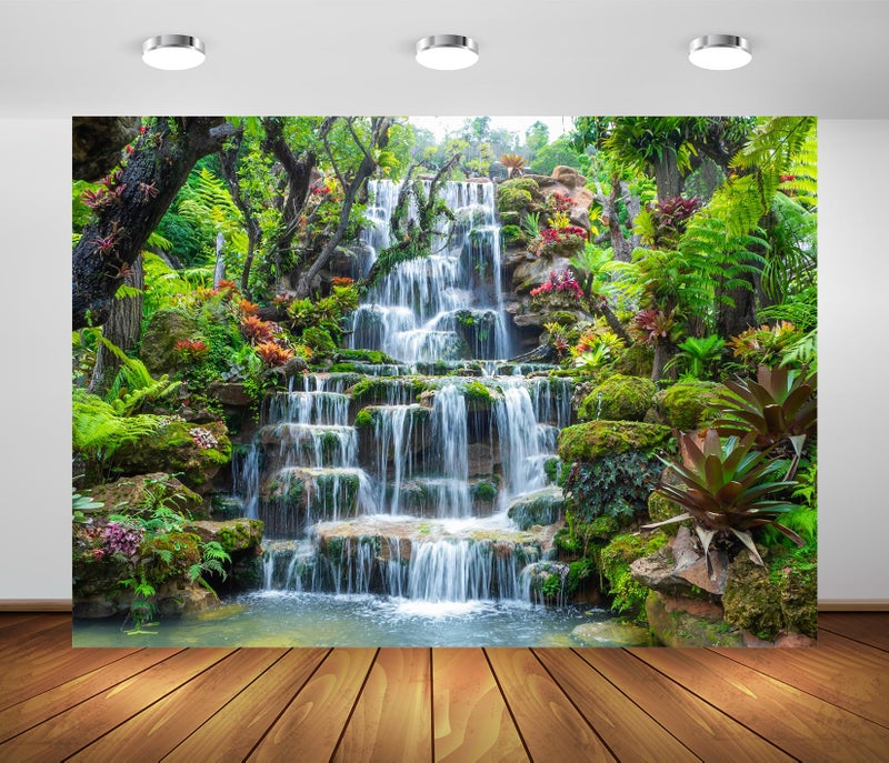 BELECO BELECO 7x5ft Fabric Garden Waterfall Backdrop Mountain Rocks Flowing Water Lake River Green Forest Trees Nature  - Image 1